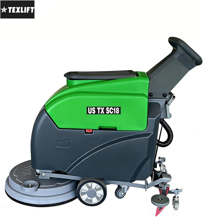 Walk-Behind Commercial Floor Scrubber Machine, 18″ Cleaning Width, Battery Powered Scrubber Dryer with 13 Gal Tanks for Warehouse, Retail & Facility Cleaning (US-TX-SC18)