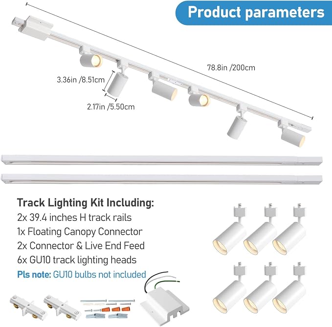 6 Lights LED Track Lighting Kit with 6.6FT H Track Lighting Rails & Floating Canopy Connector, GU10 Track Light Kit Modern Kitchen Track Lighting Fixtures Ceiling Spot Light, White - No Bulbs