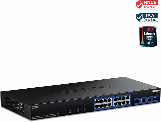 TRENDnet 20-Port 2.5G/Multi-Gig Switch with 10G SFP+ Ports, TEG-S50204, 16 x 2.5G RJ-45 Ports, 4 x 10G SFP+ Ports, 160Gbps, 1U Rack Mountable, NDAA TAA Compliant, Lifetime Protection, Black