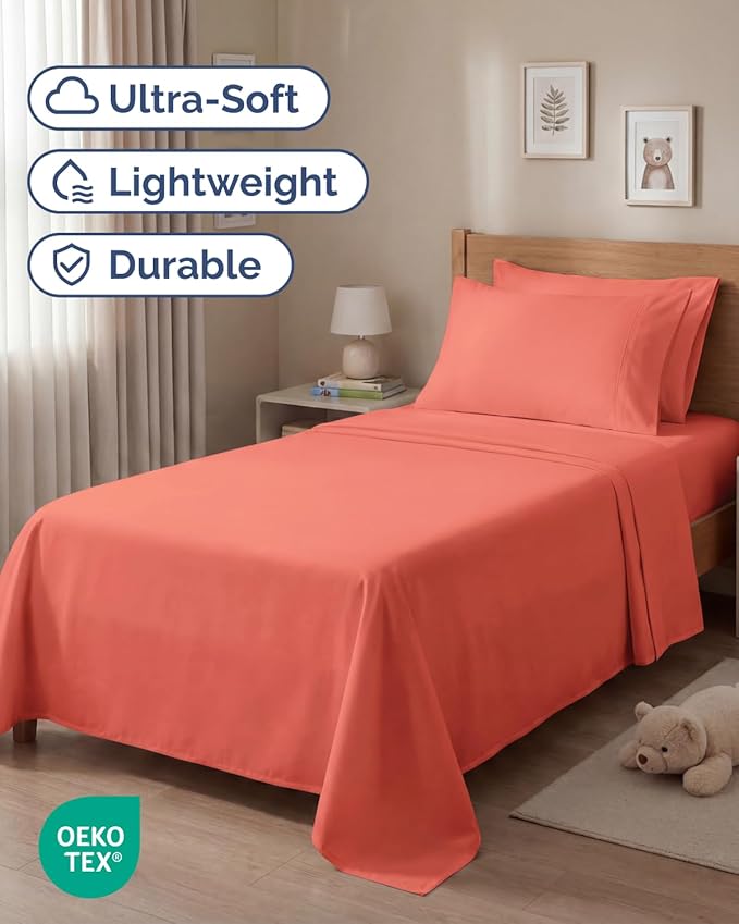 Twin 4 Piece Sheet Set - Comfy Breathable & Cooling - Ultra Soft Hotel Luxury Bedding Set with 8-16 Inch Deep Pockets - 1 Flat & 1 Fitted Sheet & 2 Pillowcases - Cozy, Wrinkle Free & Easy Care - Coral