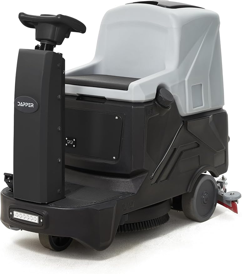 Battery Powered Ride-On Commercial Floor Scrubber Machine, 22" Brush, 31.5" Squeegee Width, 19 gal Solution Tank, 20 gal Recovery Tank, 5 hr Use 7 hr Charge, 200 RPM, 48,400 Sqft/H, Batteries Included
