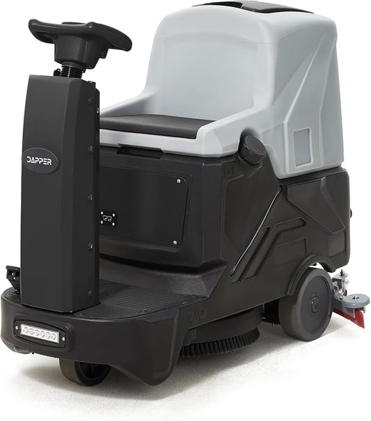 Battery Powered Ride-On Commercial Floor Scrubber Machine, 22" Brush, 31.5" Squeegee Width, 19 gal Solution Tank, 20 gal Recovery Tank, 5 hr Use 7 hr Charge, 200 RPM, 48,400 Sqft/H, Batteries Included