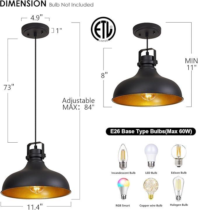 Black Farmhouse Pendant Lights Matte Pendant Lighting for Kitchen Island Industrial Adjustable Height Vintage Dome Hanging Light Fixtures for Barn, Dining Room 1 Pack