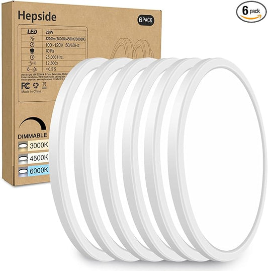 hepside 6PACK Flush Mount LED Ceiling Light Fixture White, 12Inch 28Watt, Dimmable & 3000K-4500K-6000K Ceiling Lamp 3200LM Low Profile Ceiling Light for Kitchen Bedroom Hallway Porch