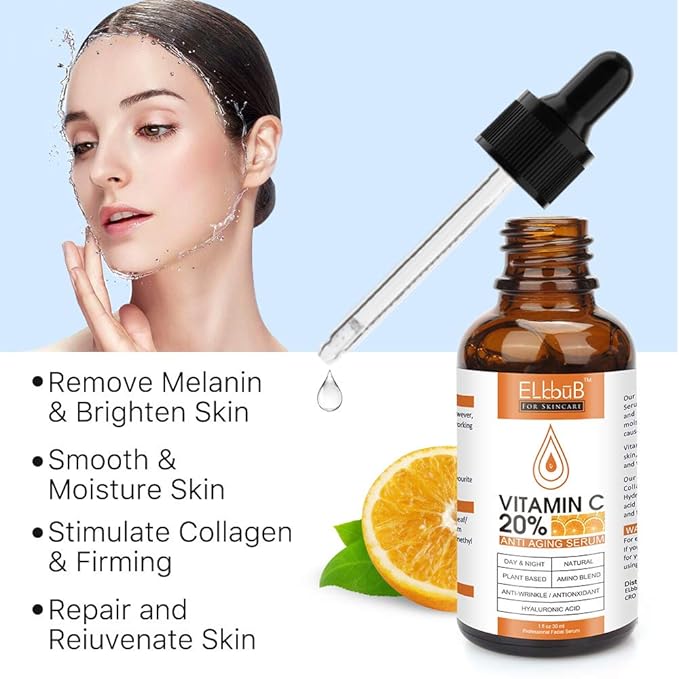 Sérum premium à 20 % de vitamine C pour le visage avec acide hyaluronique, rétinol et acides aminés – Stimule le collagène de la peau, hydrate et repulpe la peau, sérum anti-âge et anti-rides pour le visage