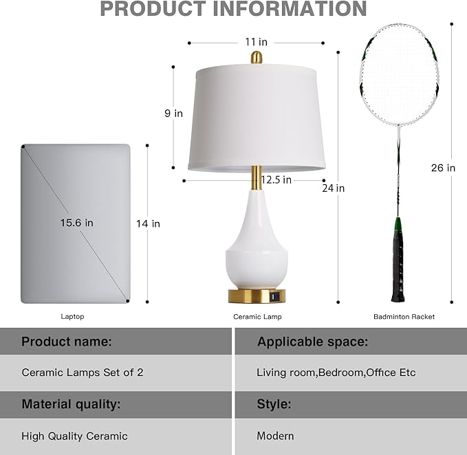 Cinyirong Modern White Table Lamp Set of 2, 24" Ceramic Table Lamp with USB A+C Ports,Classic Beside Lamps Nightstand Lamp Modern Lamp for Living Room, Bedroom & Office -LED Bulbs Included