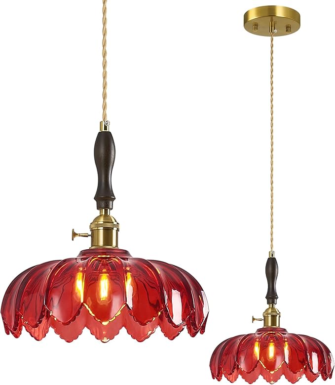 Modern Red Glass Pendant Light Retro Flower Glass Hanging Lamp Gold Brass Decorative Adjustable Ceiling Hanging Light Suitable for Kitchen Island Bedroom Dining Room Living Room