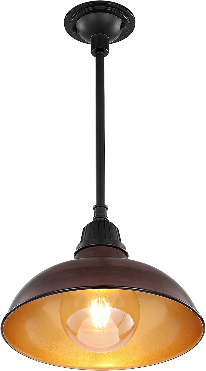 JONATHAN Y 12.25" Wood Finish/Copper Farmhouse Indoor/Outdoor LED Pendant Iron Hanging Light, and Black 1-Light Metal Shade, Rustic Ceiling Lamp for Kitchen Island, LED Bulb Included (JYL7611G)