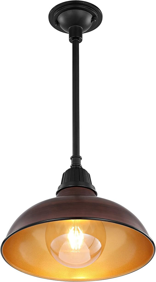 JONATHAN Y 12.25" Wood Finish/Copper Farmhouse Indoor/Outdoor LED Pendant Iron Hanging Light, and Black 1-Light Metal Shade, Rustic Ceiling Lamp for Kitchen Island, LED Bulb Included (JYL7611G)