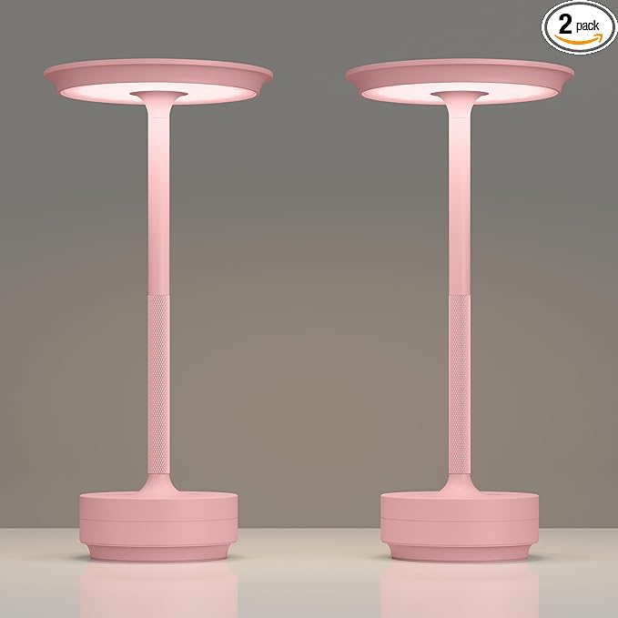 TBBGA 2 Pack Rechargeable Cordless Table Lamps, Portable 5000mAh Outdoor Table Light, 3 Color Stepless Dimming LED Table Lamp with Memory Function, for Home/Dinner/Patio/Restaurant.(Pink)