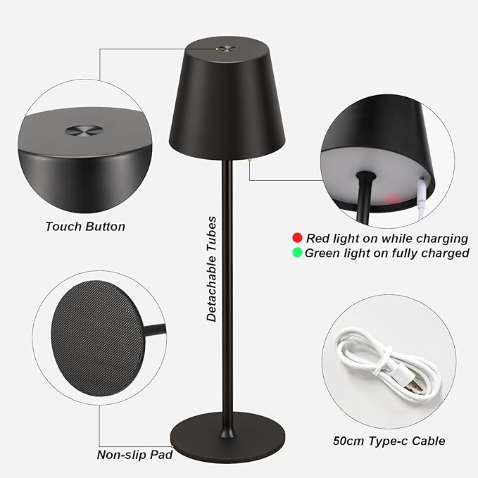 Kakanuo Cordless Table Lamp Rechargeable Black - KK 4 Pack Battery Operated Lamp for Dining Table, 3 Color Stepless Dimming Wireless Lamp for Counter, Outdoor Patio, Touch Control