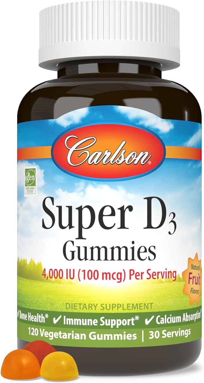 Carlson - Super D3グミ 4,000 IU (100 mcg)、骨の健康、免疫サポート、カルシウム吸収、天然フルーツフレーバー、植物性グミ120粒