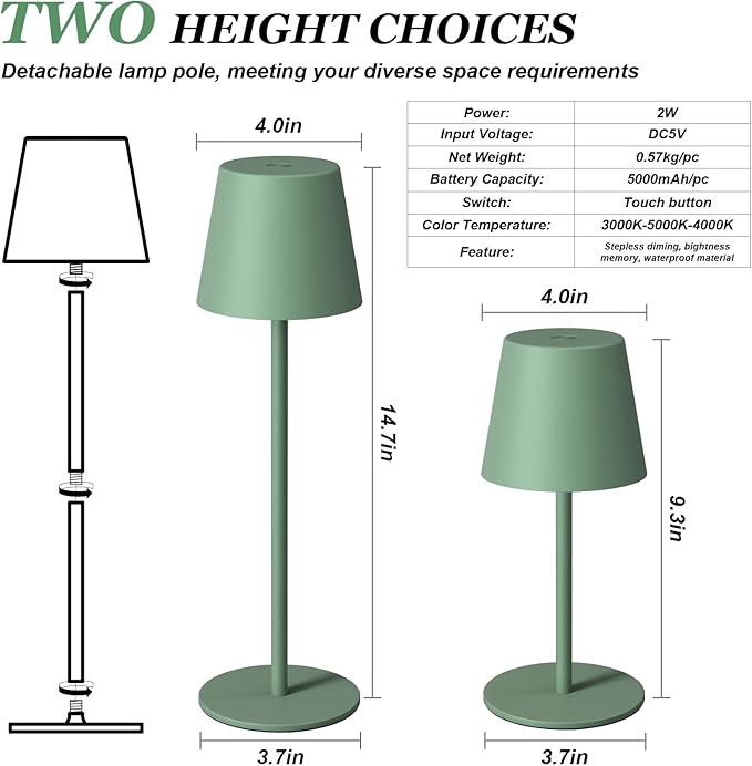 Kakanuo Cordless Table Lamp Rechargeable Green - KK 2 Pack 5000mAH Battery Operated Lamp for Dining Table, 3 Color Stepless Dimming Wireless Lamp for Counter, Outdoor Patio, Touch Control