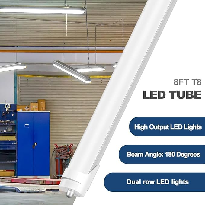 JESLED T8 T10 T12 8FT LED Tube Light Bulbs, 50W 6000LM, 5000K Daylight White, Single Pin Fa8 LED Replacement for Fluorescent Fixture, Frosted, Ballast Bypass, Warehouse Workshop Garage Lights 12-Pack