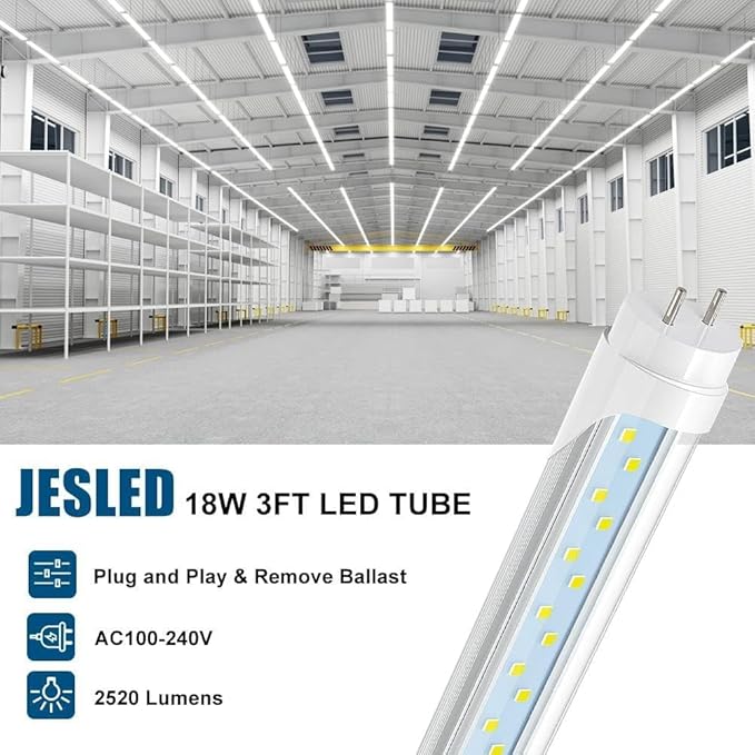 JESLED T8 LED Tube Light 3FT, 2520LM, 18W(45W Equivalent), 6000K, Ballast Bypass, 36 Inch F25T8 Fluorescent Bulb Replacement, Dual Ended, 36” Lighting Tube Fixture (4-Pack)