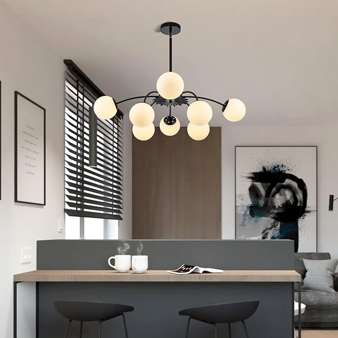 8-Light Milk Glass Pendant Light, 33" Sputnik Bubble Glass Chandelier Light Fixture, Hand Blown Semi Flush Mount Ceiling Chandeliers Lighting for Dining Room, Living Room (Black, 8-Light Chandelier)