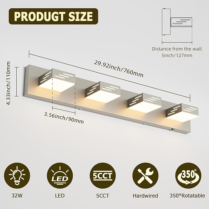 Joosenhouse 4-Light Brushed Nickel Vanity Light for Bathroom, 29.92-Inch 5CCT Dimmable LED Vanity Lighting Fixture, 32W Modern Makeup Light with Adjustable Brightness