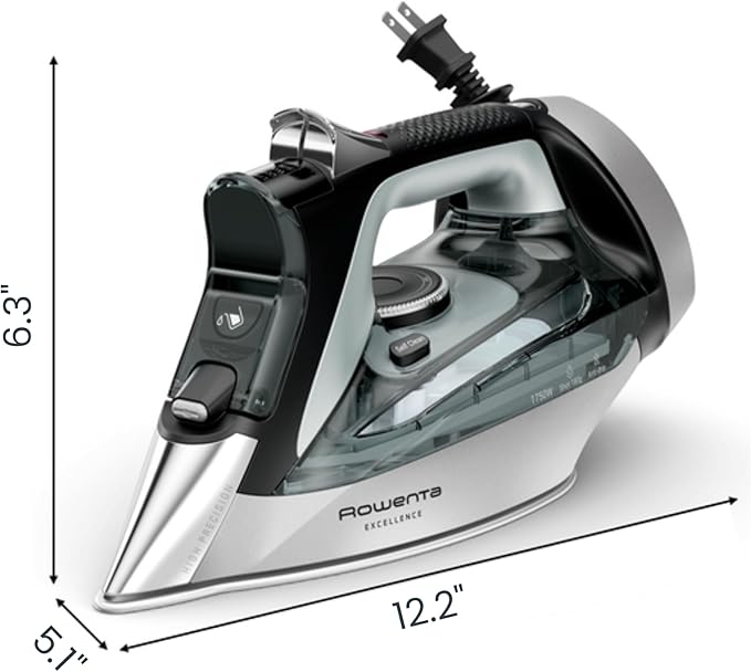 Rowenta Iron, Focus Excellence Stainless Steel Soleplate Steam Iron for Clothes, Retractable Cord, 400+ Microsteam Holes, Powerful steam, LED Display, 1750 W Ironing Clothes, Cordreel, Green DW5432