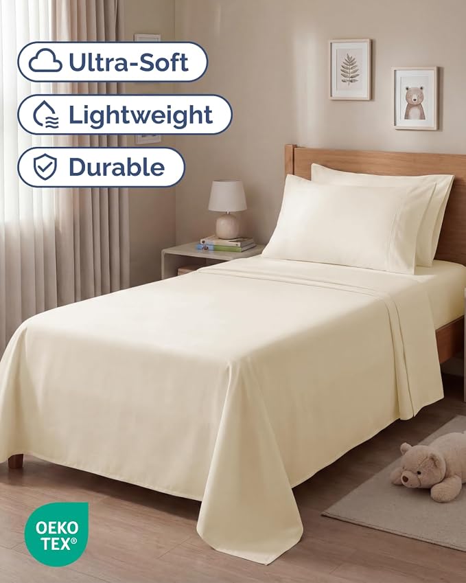 Twin 4 Piece Sheet Set - Comfy Breathable & Cooling - Ultra-Soft Hotel Luxury Bedding Set with 8-16 Inch Deep Pockets - 1 Flat & 1 Fitted Sheet & 2 Pillowcases - Wrinkle Free & Easy Care - Off White