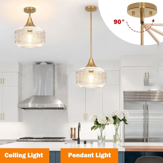 Vintage Gold Pendant Light with Clear Glass, Adjustable Kitchen Pendant Lighting over Island, Brushed Pendant Lights Kitchen Island, Dual Mount Ceiling & Hanging Fixtures with 90° Swivel for Decor