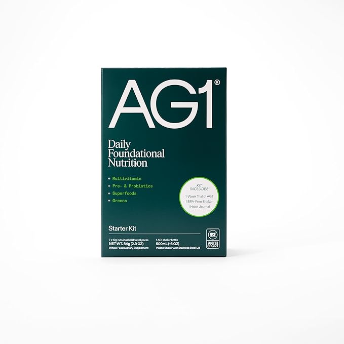 AG1 Athletic Greens Kit de démarrage 7 jours – Poudre de légumes verts tout-en-un avec multivitamine, probiotiques, superaliments – Comprend 7 sachets de voyage, un shaker sans BPA et un journal de suivi des habitudes