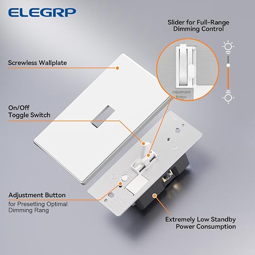 ELEGRP Digital Dimmer Switch for LED/CFL, Toggle Dimmer Switch with Decorative Frameless Design Wallplate, Single Pole/3-Way, UL Listed, 2 Pack, White
