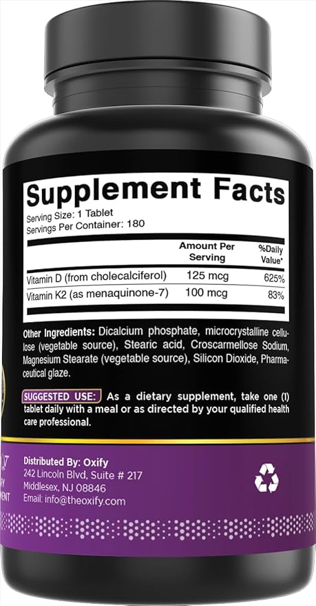 Oxify MK-7 Vitamine K2 100 mcg | 180 Comprimés | Sans Gluten, Sans OGM | Supplément Fabriqué aux États-Unis