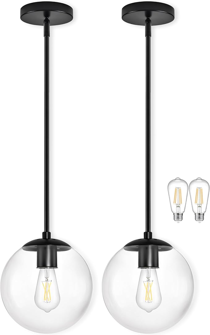 Bagood 10" Globe Pendant Light Black 2 Pack Mid Century Pendant Light Globe Pendant Lights Kitchen Island Matte Black Finished with Clear Glass Adjustable Ceiling Light Fixtures for Dining Room Bar