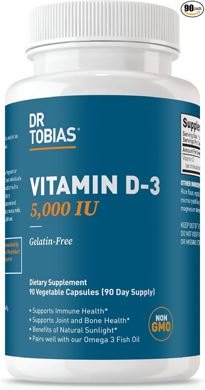 Dr. Tobias Vitamine D3 5000 UI, Essentielle pour des os, des dents et un système immunitaire sains, Supplément de Vitamine D Extra Fort, Sans OGM, 90 Capsules, 90 Portions