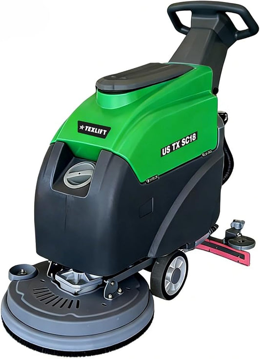 Walk-Behind Commercial Floor Scrubber Machine, 18″ Cleaning Width, Battery Powered Scrubber Dryer with 13 Gal Tanks for Warehouse, Retail & Facility Cleaning (US-TX-SC18)