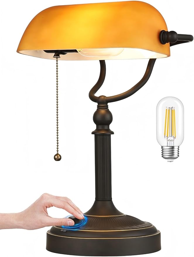 Matted Amber Glass Bankers Desk Lamp, Stepless Dimmable Table Lamp Plug in Fixture for Study, Home Office,Library, LED Bulb Included