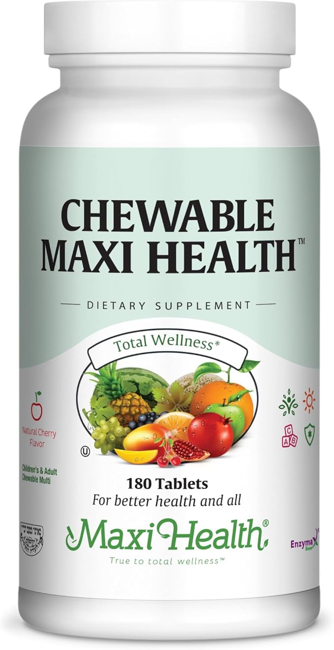 Maxi Health Multivitamine à croquer pour enfants, adolescents et adultes - Vitamines à croquer saveur cerise pour adultes et enfants - Multivitamine casher pour enfants + fer (180 comprimés)