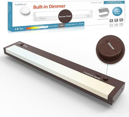 Leetdud Under Cabinet Lighting Plug in or Hardwired Built-in Dimmer, 18 Inch 9W, 5CCT 2700/3000/3500/4000/5000K, Linkable Counter Lights for Kitchen, ETL Dimmable LED Light Fixture, Bronze