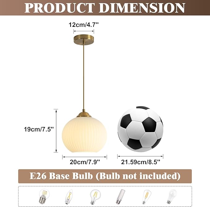 KCO Lighting Mid Century 1-Light Globe Pendant Light Industrial Vintage Brass Gold Pendant Lighting Fixture Kitchen Island Adjustable White Glass Hanging Ceiling Lights