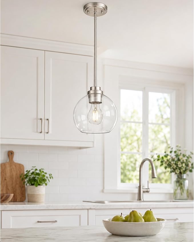 Pendant Lights Kitchen Island, 7" Modern Brushed Nickel Hanging Lights Fixtures with Clear Glass Globe Shade, Kitchen Island Lighting for Bathroom, AD-22280-1P-SN-C