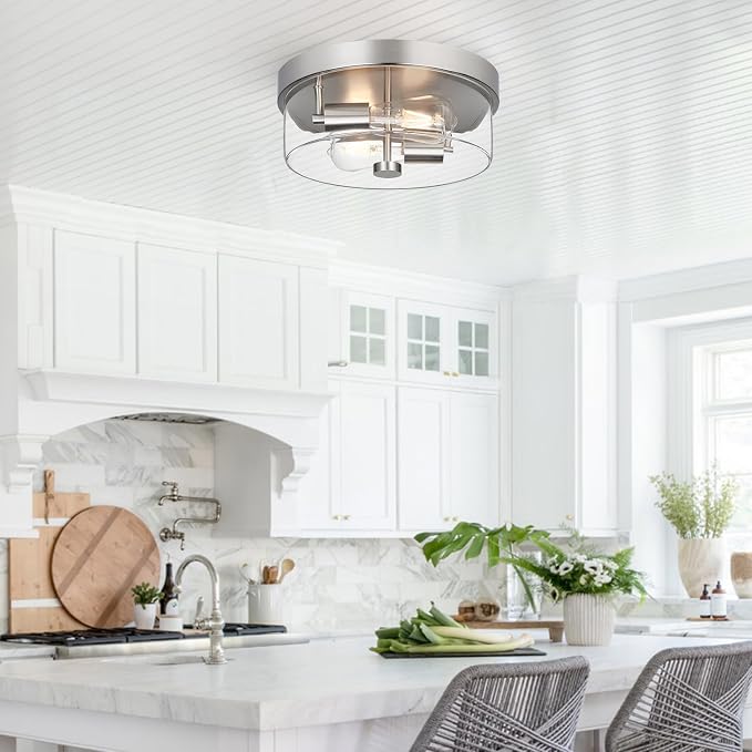 szzgco Flush Mount Ceiling Light Fixtures, 2-Light 12 Inch Brushed Nickel Close to Ceiling Light Fixtures with Clear Glass Shade Ceiling Light Fixture for Porch, Hallway, Bathroom, Dining Room and
