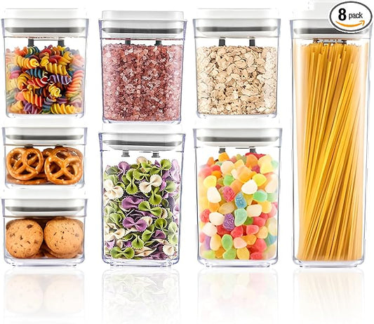 UFORU Pop Top Food Storage Container Set | 8Pcs Airtight Cereal Storage Organizer Canisters with Pop Lids, BPA-Free, Vacuum Seal & One-button Opening, Stackable Pantry Containers for Dry Food Storage