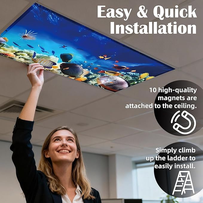 ANGSYLTH 8 Pcs Fluorescent Light Covers - 4 x 2 Feet Covers for Ceiling Lights, 8 x 10 Magnetic Light Filters for Classroom, Office, Hospitals (Underwater World)