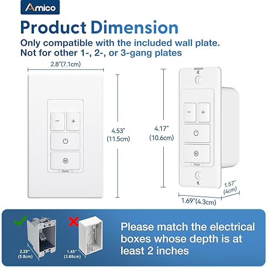 Amico Electronic Dimmer Switch, Touch Button Control, Single-Pole with LED Indicator, 150W Dimmable LED & 450W Incandescent, Includes Wall Plate, ETL Listed, 1 Pack, White