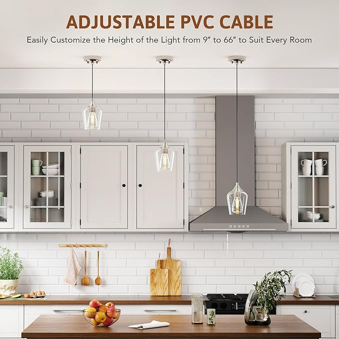 VONLUCE Pendant Lights Kitchen Island, Brushed Nickel Pendant Lighting for Kitchen Island with Hanging Cord for Bedroom & Hallway, Kitchen Island Lighting with Clear Glass Shade
