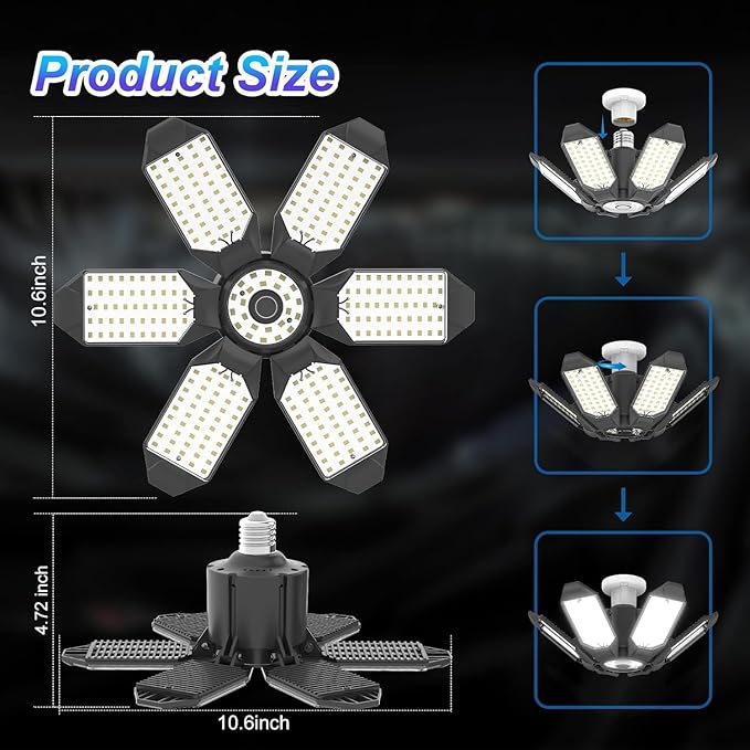 6 Pack 220W Garage Light Ceiling Led Deformable LED Shop Lights for Workshop E26 E27 Screw in Garage
