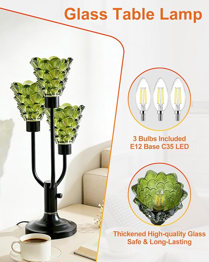 Glass Vintage Table Lamp Dimmable Nightstand Lamp Mid Century Modern Black Desk Lamp with Green Glass 3 Bulbs Included Warmwhite Ambient Bedside Lamps for Bedroom Living Room Office Home Decor