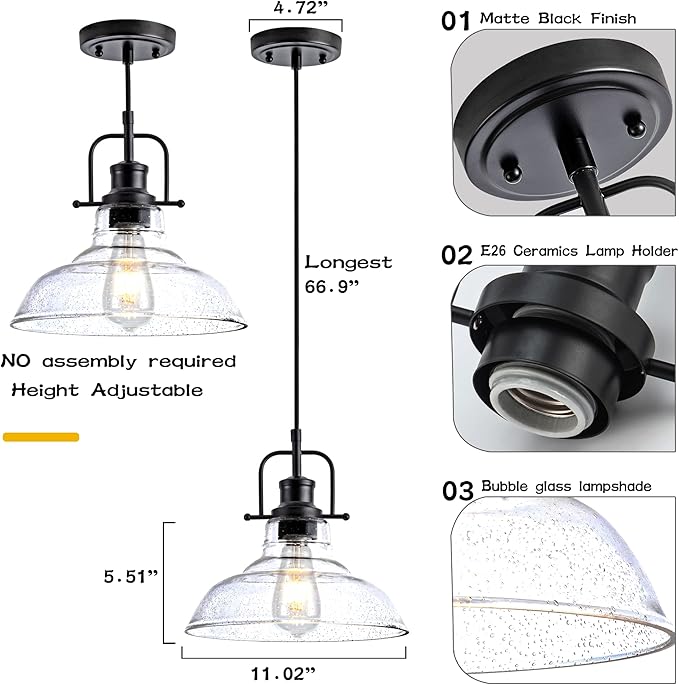 Zlepmlla Glass Pendant Light，Black Pendant Light Fixtures with Seeded Glass Shade, Adjustable Height Hanging Lights for Hallway, Kitchen Island, Dinning Room（Bulb not Included）