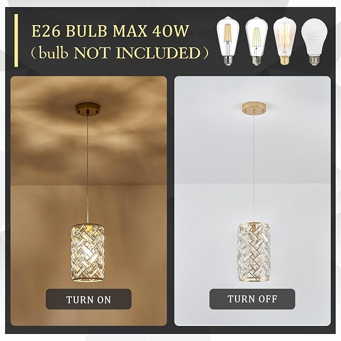 CATINER 1-Light Gold Crystal Pendant Light, Mini Ceiling Hanging Light Fixture with K9 Prisms for Kitchen Island, Bathroom, Bedroom, or Bar