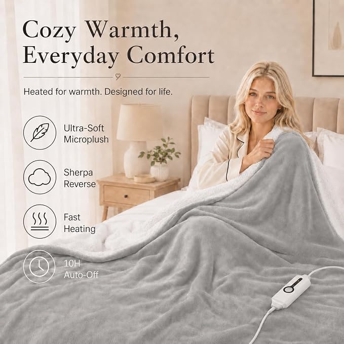 Electric Heated Blanket Full Size 72"x84" – ETL Certified for Safe Overnight, 4 Heat Settings & 10H Auto Off, Dual-Sided Microplush Sherpa for Home Theater Night, Machine washable – Light Gray