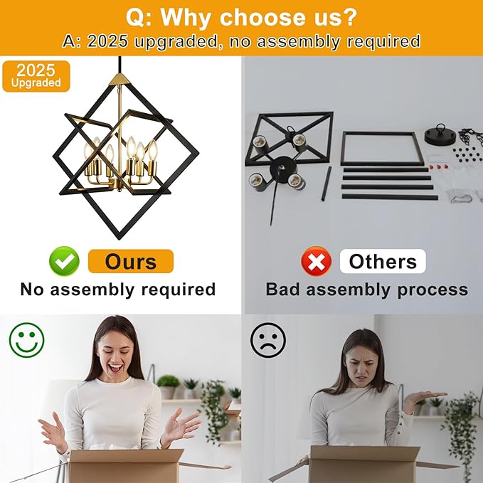 24" Modern Black and Gold Chandelier, No Assembly Required 6-Light Dining Room Light Fixture Over Table, Industrial Metal Hanging Pendant Lights Fixture for Kitchen Island, Entryway, Foyer