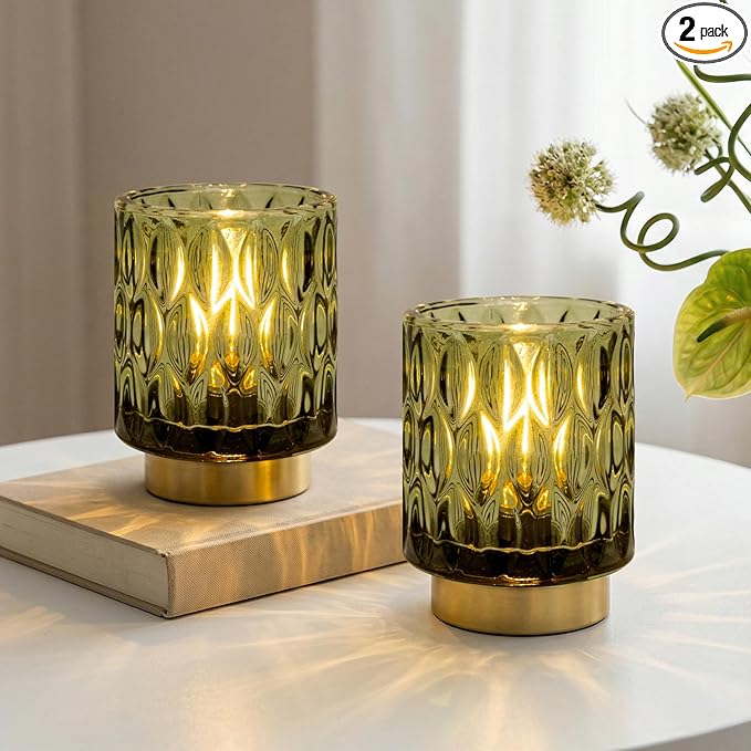 Battery Operated Table Lamps Timer, Mini Crystal Lamp for Area No Plug, Cordless Lamp with LED Bulb for Power Outage, Decorative Lamps for Tabletop/Corner/Entryway/Stairway/Bathroom (2 Green)