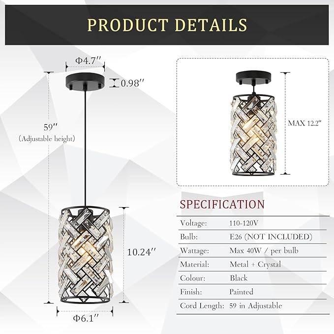 CATINER Modern Black Crystal Pendant Light Fixture, Mini Chandelier 3-Pack for Kitchen Island, Dining Room, Living Room, Hallway, Porch, Bedroom Lighting