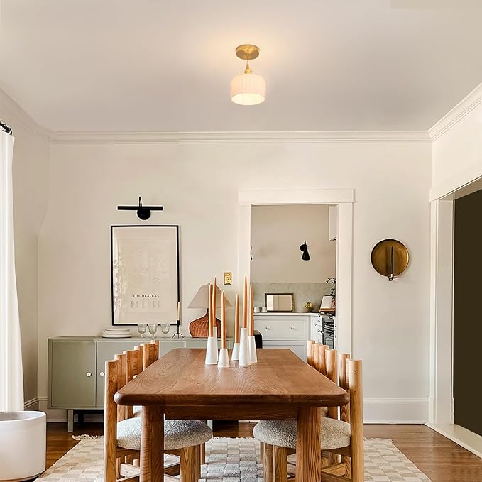 Shenmoyl Pendant Light with White Striped Glass Lmapshade, Brass Vintage Pendant Light Adjustable Hanging Light for Kitchen Island Dining Room Hallway
