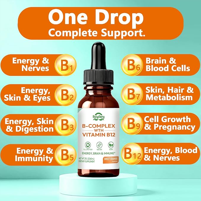 Suiyilary Vitamin B Complex Liquid Drops, B12 Methylcobalamin, B9 Folic, Vitamin C, Immune, Energy Metabolism, Brain & Heart Support, Orange Flavor, 60ml